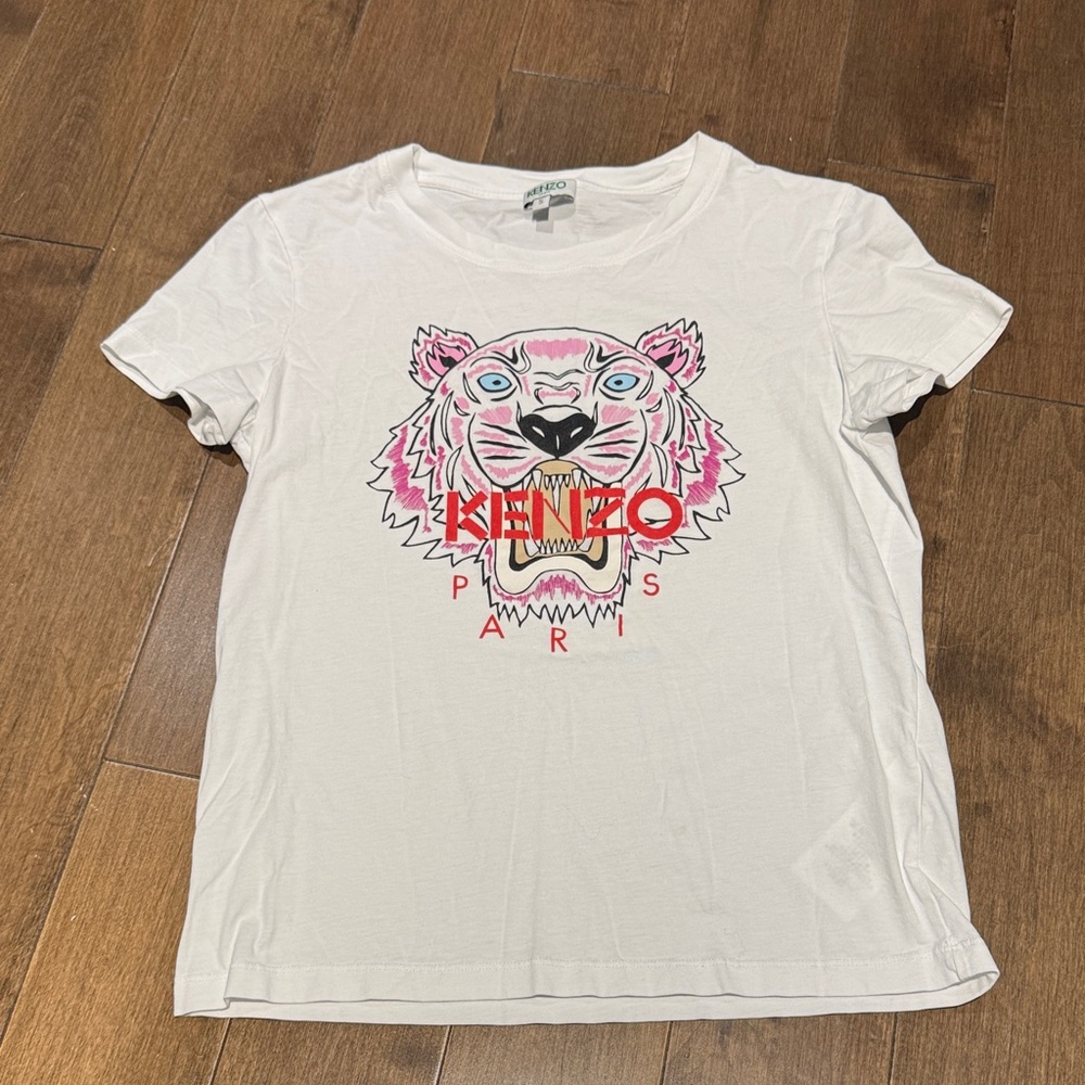 Kenzo White Tee with Pink Tiger Graphic